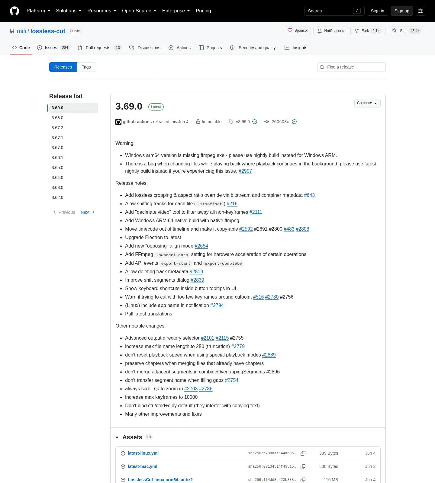 GitHub Releases page for mifi/lossless-cut showing the Releases tab, a Latest badge, changelog notes, a left-hand release list, and an Assets section with downloadable builds such as Linux tar.bz2 archives.